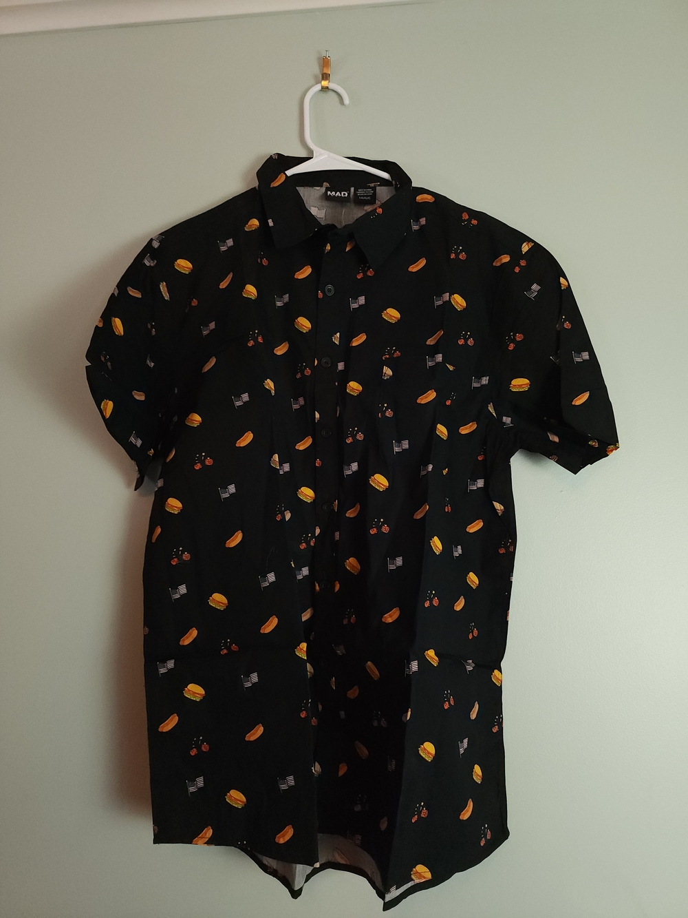MAD Engine Black Short-Sleeve Button-Down with Yellow & Orange Food Icons